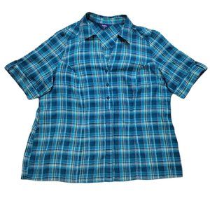 Reitmans Women Size 18 Button Up Shirt Top Blue Short Sleeve Collared Plaid